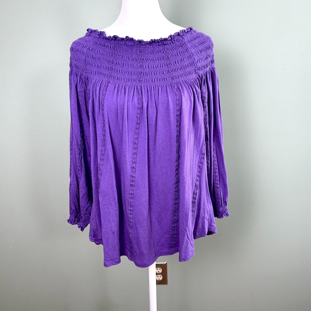 Lauren Ralph Lauren Peasant Top Womens Medium Purple Smocked Cotton Blend Boho